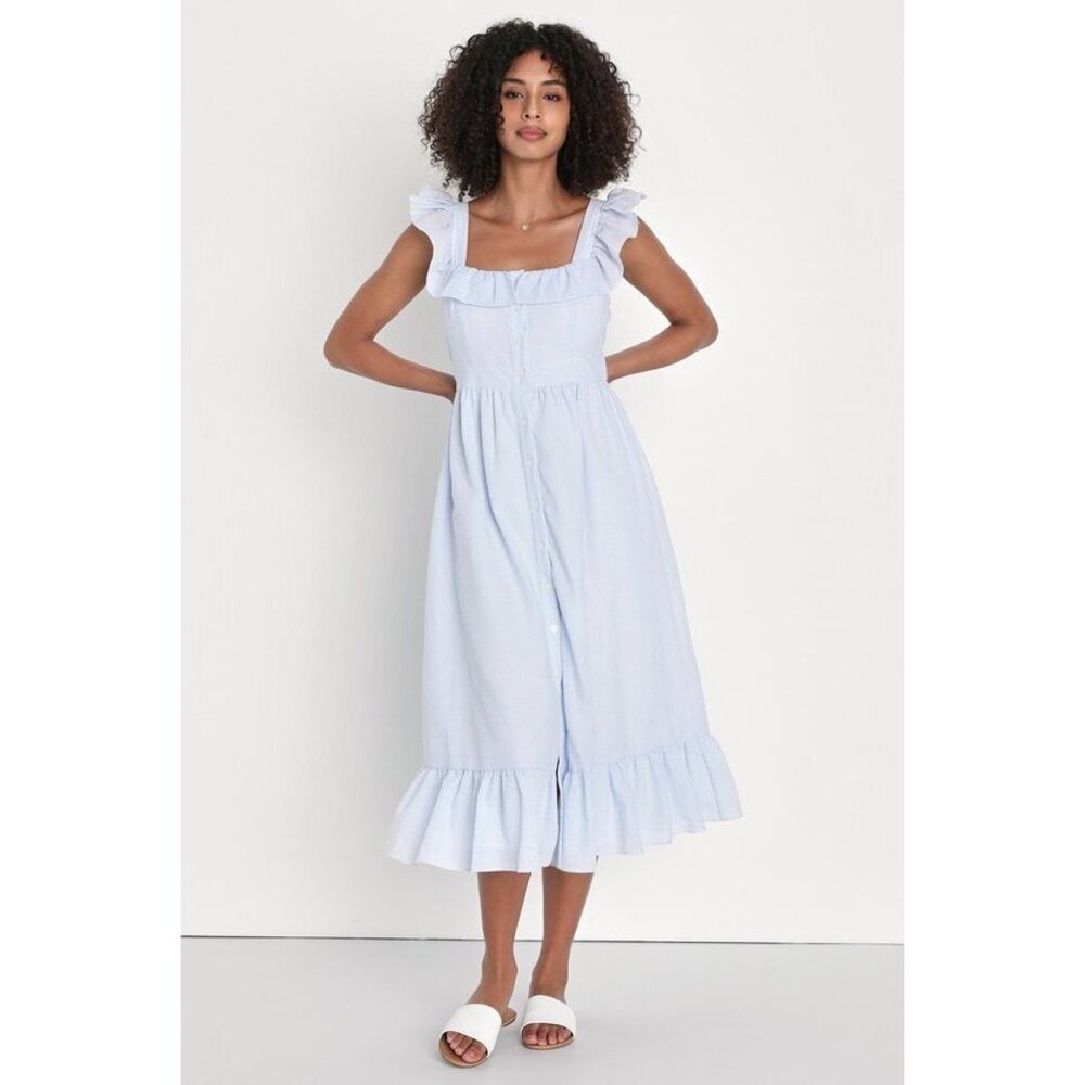 Lulus Perfect For Palermo Blue Striped Ruffled Button-front Midi Dress - Size S